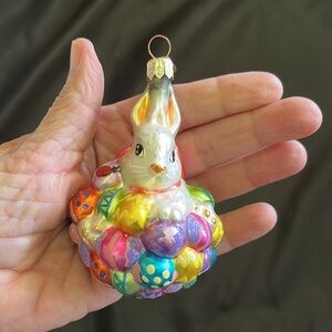 HOPPY EASTER Christopher Radko Hand Blown Glass Ornament Bunny Rabbit on Eggs